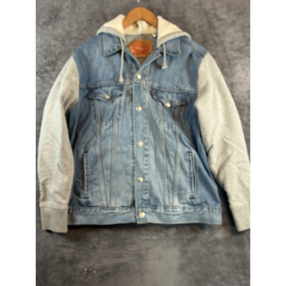 Levis Mens Hybrid Hoodie Trucker Jacket Medium Light Wash Blue Denim Grey Hood - Picture 9 of 11